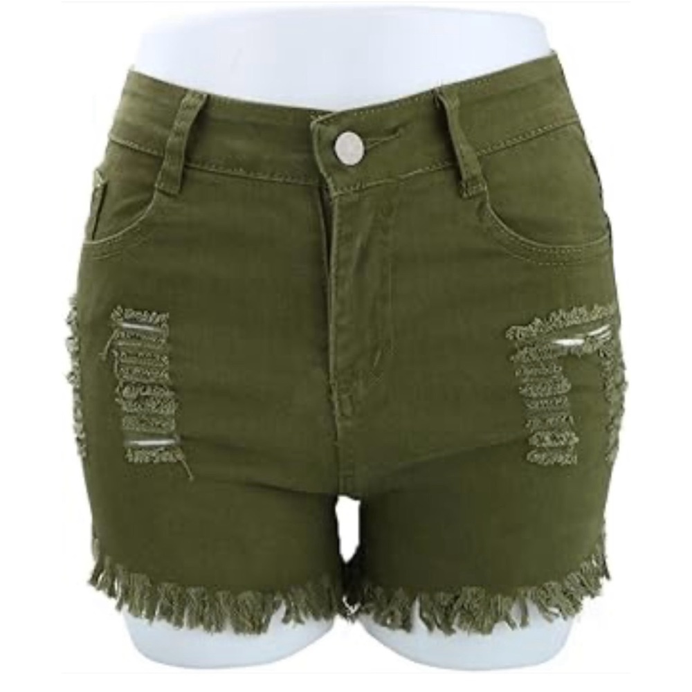 Army Green Distressed Ripped Frayed High Waist Cut-Off Casual Denim Jean Shorts